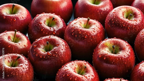 Video footage of Fresh, vibrant red apples with water droplets arranged in rows, showcasing their crisp and juicy texture, perfect for promoting health and nutrition