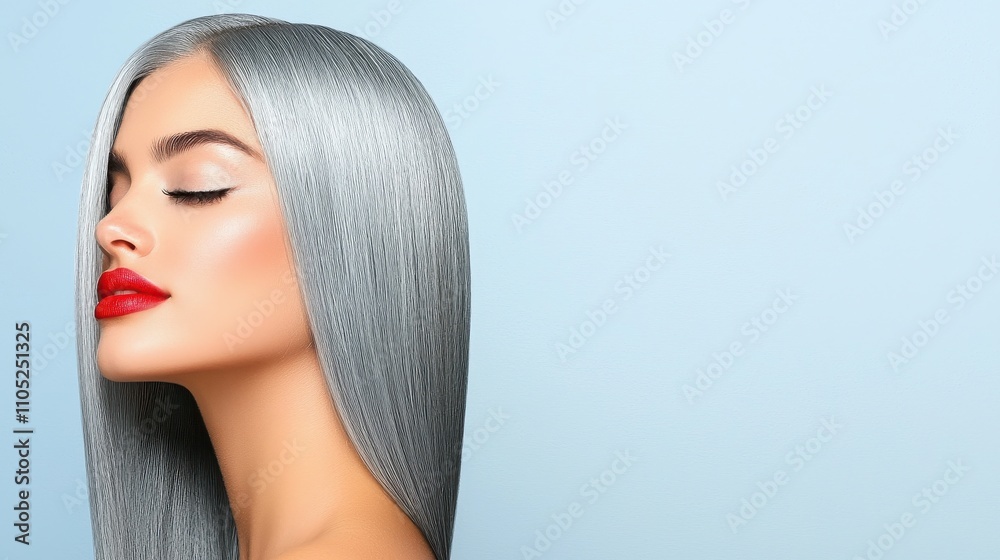 Naklejka premium Sleek straight styling of metallic silver hair a beauty showcase in a studio environment captured from the side for glamorous appeal