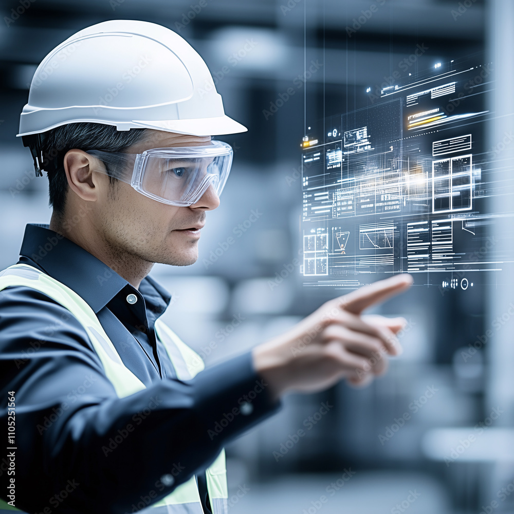 Plant manager wearing safety glasses is interacting with a futuristic digital interface to monitor production data Plant manager wearing safety glasses is interacting with a futuristic digital interface to monitor production data