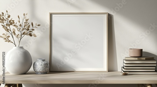 Minimalist Interior Design with Wooden Frame, Ceramic Vases, and Books on Wooden Table in Sunlit Room
