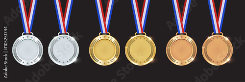 Realistic Gold, Silver and Bronze Medal Icon Set - First, Second, Third Place, Champion and Runner-Up Icons for Competitions, Certificates and Designs. Vector.