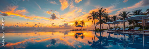 Beautiful water reflections luxury umbrella chair around outdoor swimming pool in hotel and resort with coconut palm trees on sunset or sunrise sky. Amazing beach vacation, summer tourism. Ai generate
