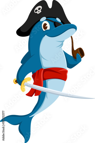 Cartoon dolphin pirate corsair animal character. Vector underwater rover personage wear captain tricorn hat and saber, smoking pipe and navigates the high seas seeking treasures and aquatic adventures