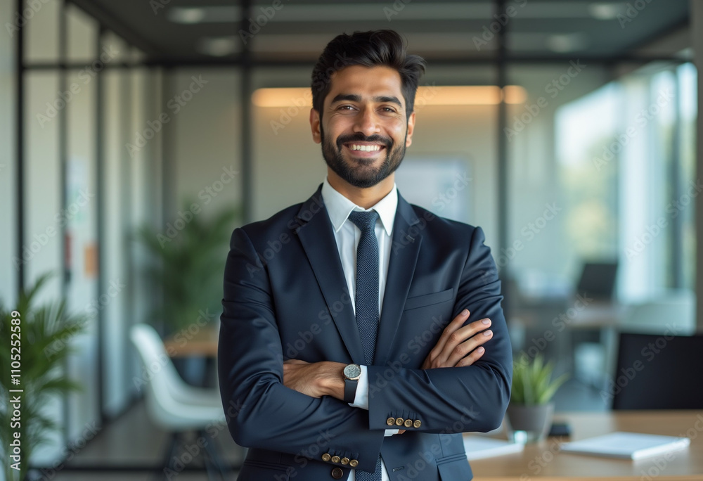 Fototapeta premium Confident businessman in modern office exudes success and professionalism.