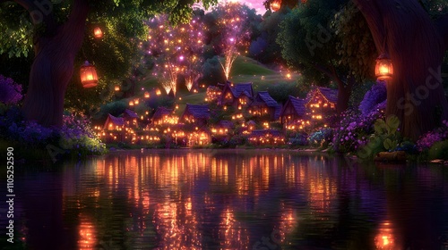 Enchanting village at night  nestled beside a calm lake  illuminated by warm lights and lanterns.
