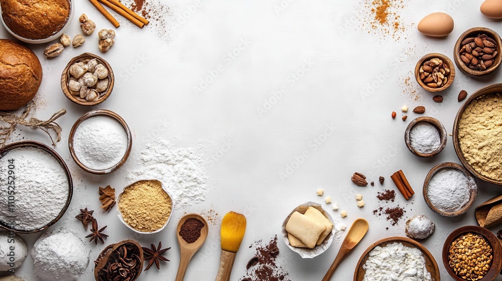 Flat lay bakery utensils and ingredient forming in white background Flat lay bakery utensils and ingredient forming in white background