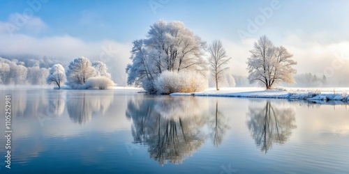 Serene winter landscape reflecting in a still lake, showcasing snow-covered trees and a tranquil atmosphere