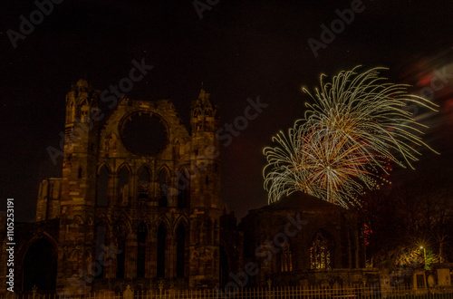 Fireworks exploding over Elgin cathedral, Morayshire photo