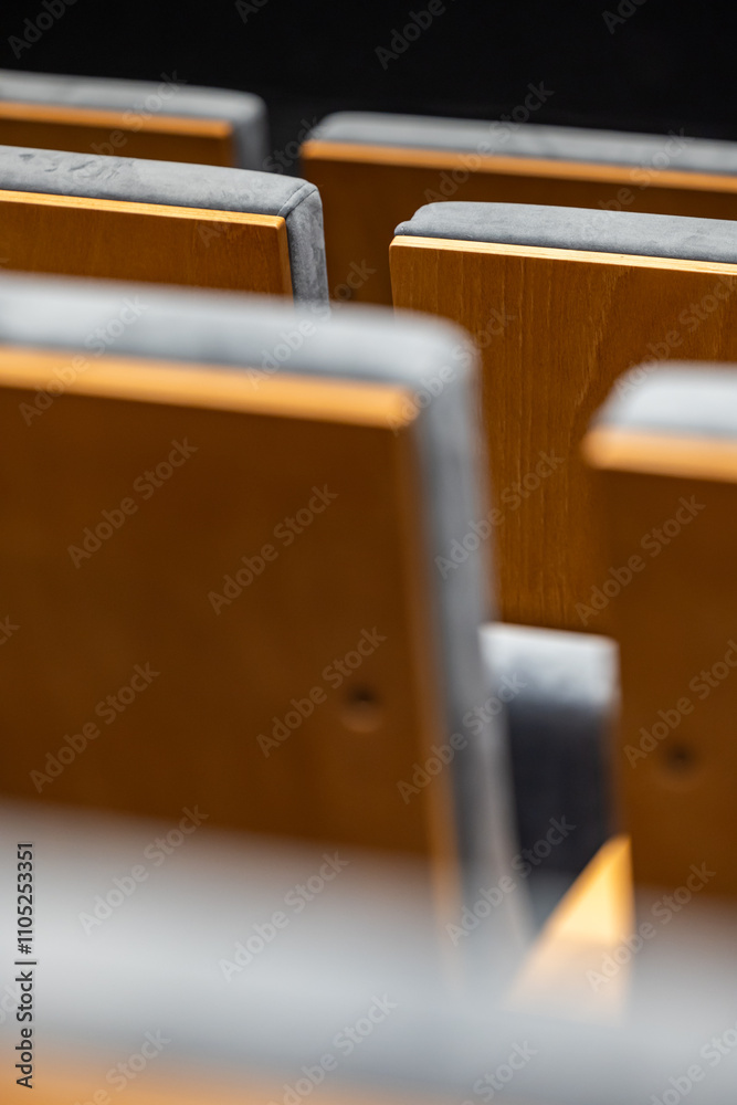 Rows of empty seats in a cinema hall - close-up with shallow depth of field. View of the back part made of light plywood.