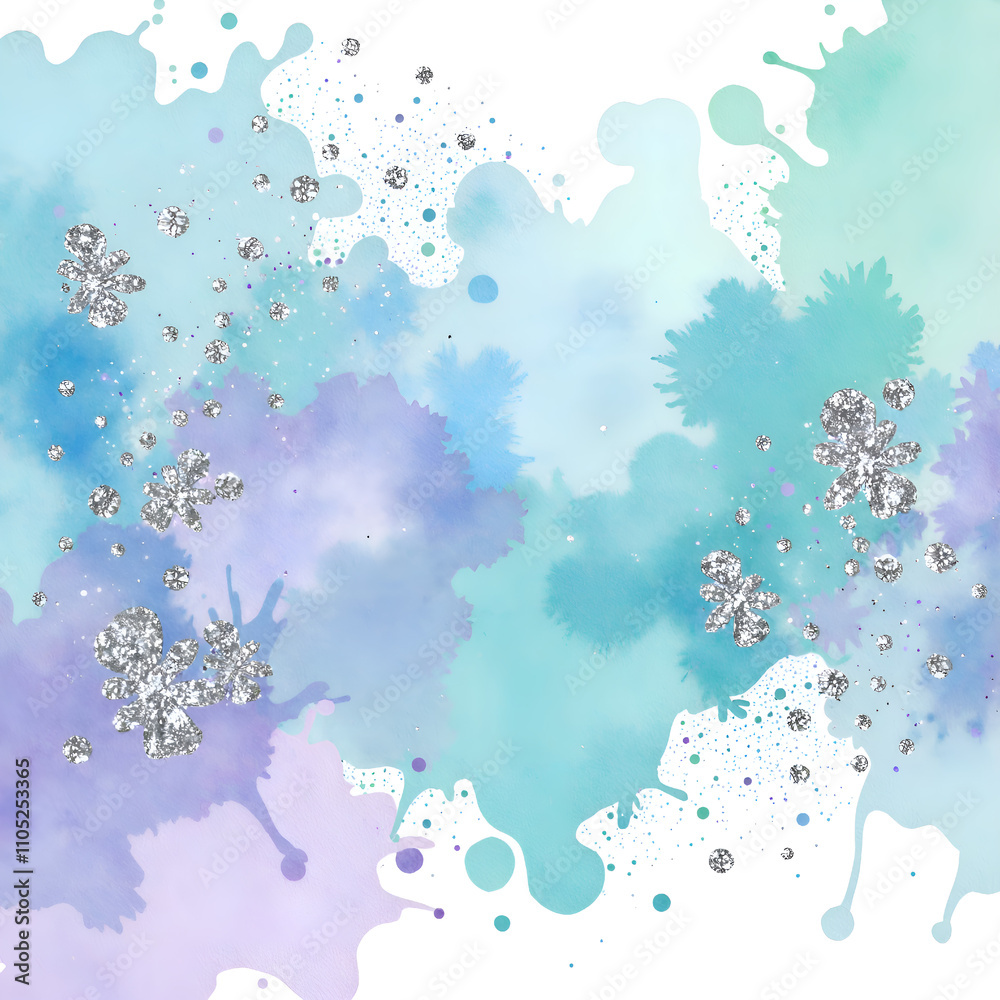 Obraz premium A vibrant watercolor blend with glittery accents and abstract shapes, digital art of abstract concept.