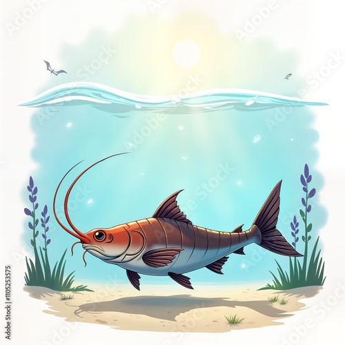 Rayfish swims underwater. Fish has long snout. Underwater scene shows water surface and plants. Sunny day. Peaceful aquatic environment. Rayfish swimming in aquatic habitat. photo