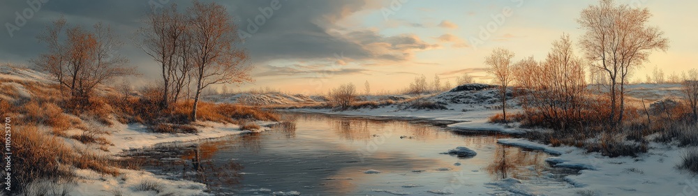 A tranquil winter landscape featuring a serene river, bare trees, and soft evening light illuminating the snowy terrain. A tranquil winter landscape featuring a serene river, bare trees, and soft evening light illuminating the snowy terrain.