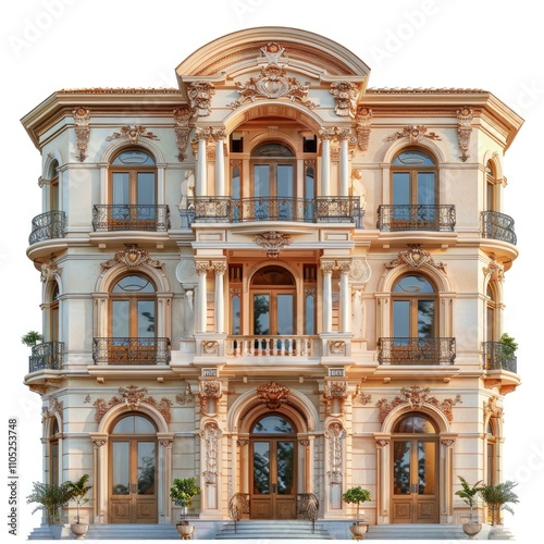 A grand threestory mansion with ornate detailing, balconies, and large windows, exhibiting classic European architecture.