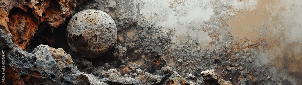 Abstract cosmic scene featuring a textured surface with a rocky sphere, evoking a sense of mystery and exploration in space. Abstract cosmic scene featuring a textured surface with a rocky sphere, evoking a sense of mystery and exploration in space.