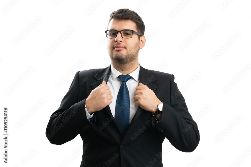 Businessman wearing suit and tie making superhero reveal pose