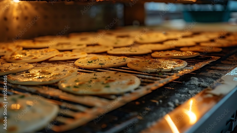 An up close view of crisp breads baking in a commercial oven An up close view of crisp breads baking in a commercial oven