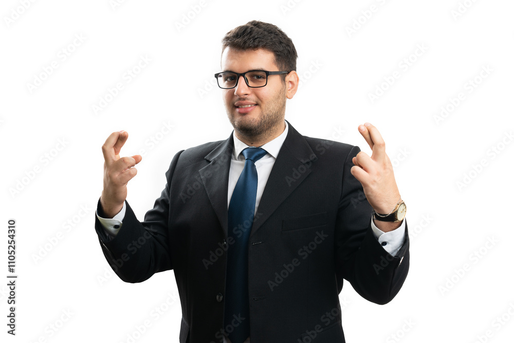 Hopeful male entrepreneur smiling making good luck gesture Hopeful male entrepreneur smiling making good luck gesture