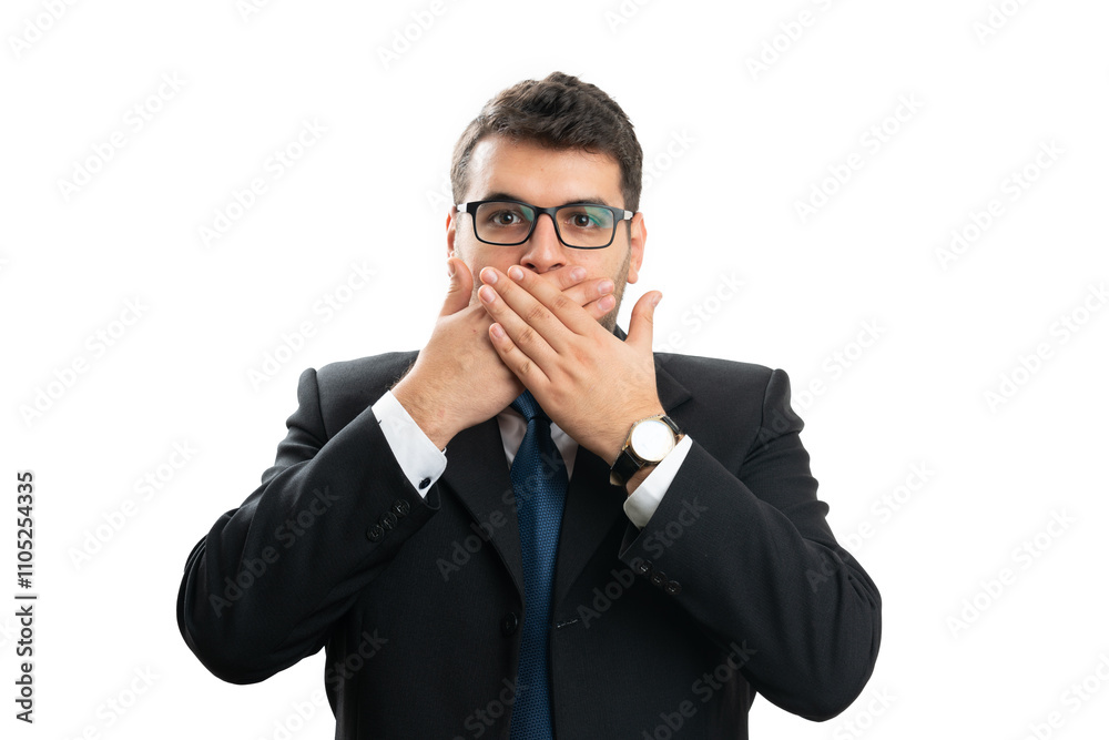 Businessman with surprised look covering mouth with palms Businessman with surprised look covering mouth with palms