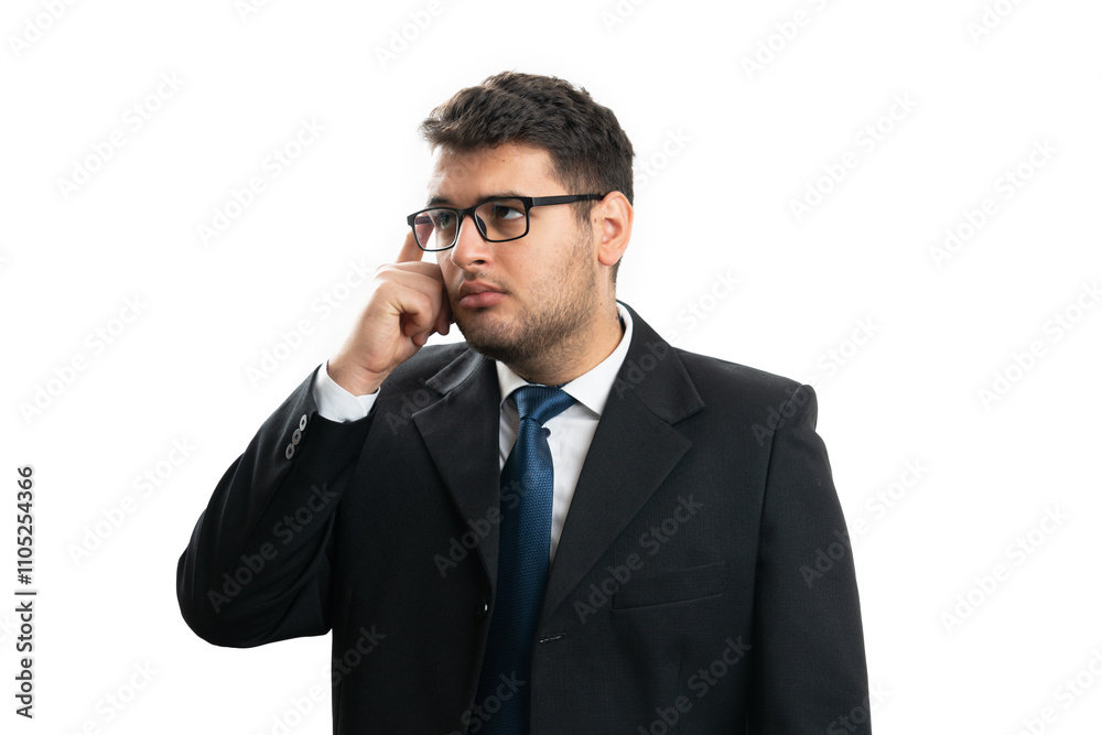 Entrepreneur thinking expression touching forehead with finger Entrepreneur thinking expression touching forehead with finger