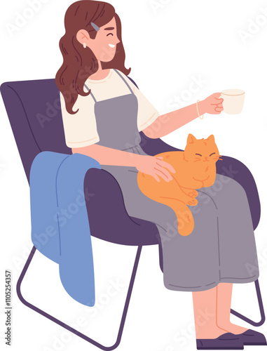 Cozy home evening girl with hot cup and cat