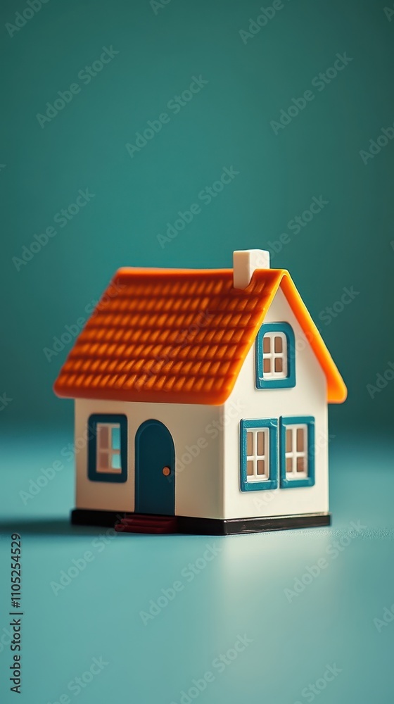 Charming Miniature House Model with Orange Roof and Teal Background: A Home Sweet Home Representation Charming Miniature House Model with Orange Roof and Teal Background: A Home Sweet Home Representation