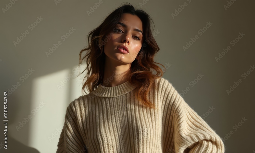 Woman in light knitted sweater with large collar on simple plain background Woman in light knitted sweater with large collar on simple plain background