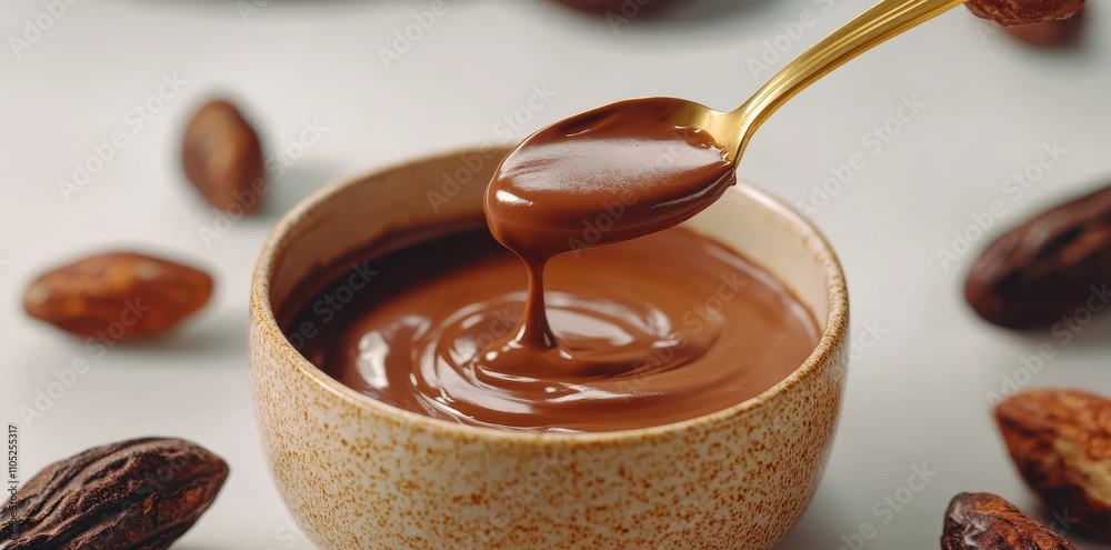 Fototapeta premium Golden Spoon Lifting Creamy Chocolate Ganache: Indulgent Dessert Delight in Every Rich, Velvety Bite