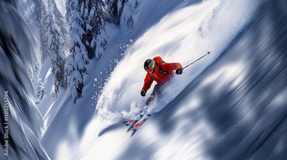 Expert Backcountry Skier Navigating Through Fresh Powder, Leaving a Trail of Snow on a Mountain Expert Backcountry Skier Navigating Through Fresh Powder, Leaving a Trail of Snow on a Mountain