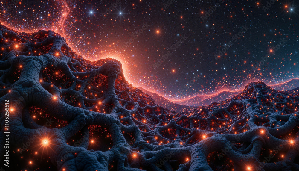 Cosmic landscape with glowing particles and abstract terrain Cosmic landscape with glowing particles and abstract terrain