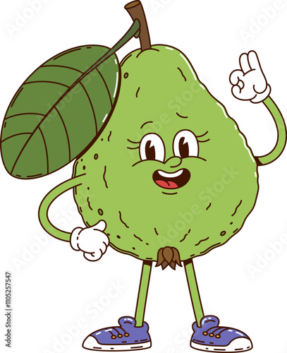 Cartoon groovy pear fruit character with a green leaf. Isolated vector ripe retro personage with expressive eyes, a smiling face and sneakers, cheerfully flashing ok sign exuding hippie summer vibes