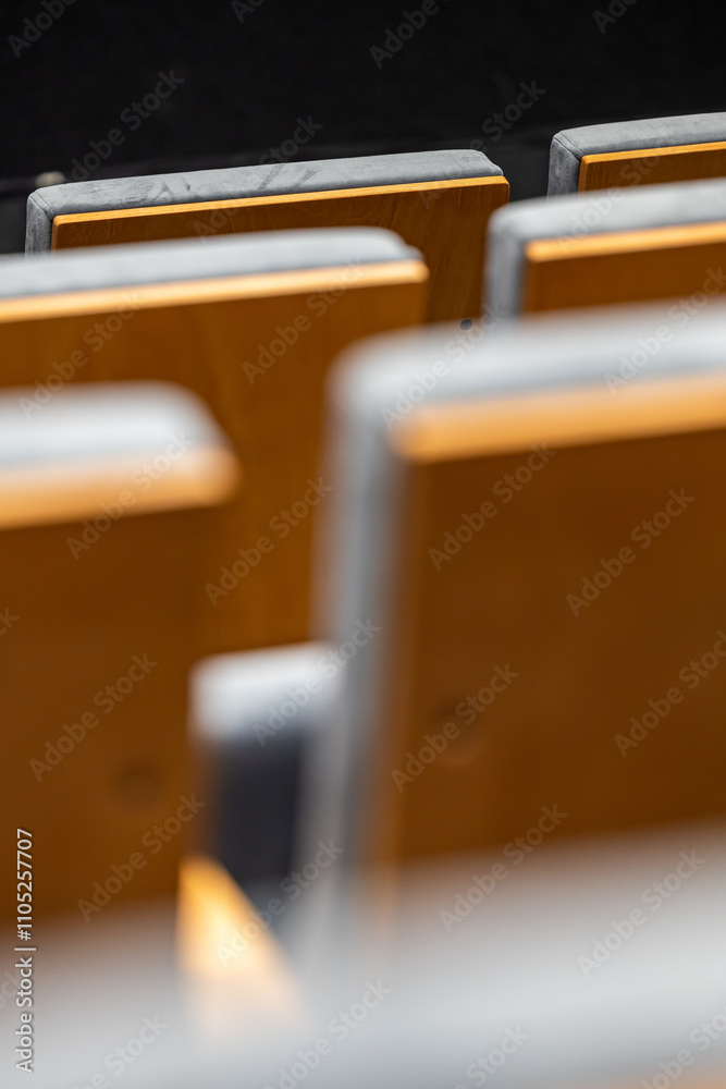 Rows of empty seats in a cinema hall - close-up with shallow depth of field. View of the back part made of light plywood.