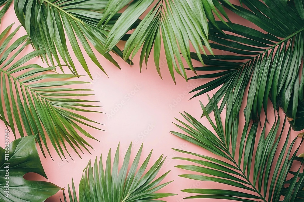 Tropical palm leaves frame on pink background Tropical palm leaves frame on pink background