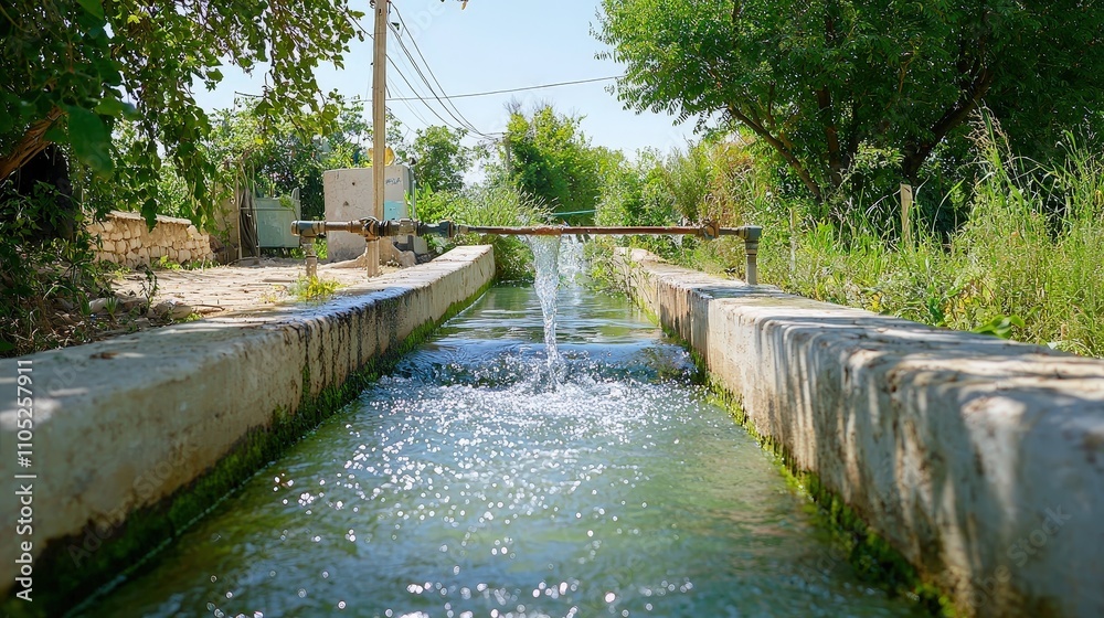 Fototapeta premium Tranquil Stream Flowing Through Green Landscape Surrounded by Lush Vegetation and Sunlit Path in Rural Area Ideal for Nature Photography and Eco-Friendly Projects
