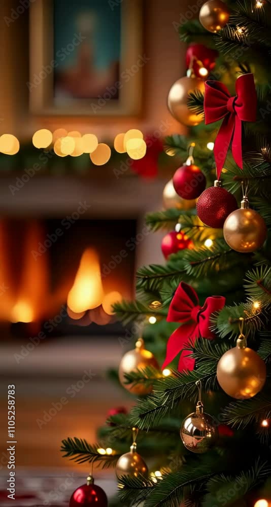 Christmas tree adorned with ornaments and lights by a cozy fireplace during the holiday season Christmas tree adorned with ornaments and lights by a cozy fireplace during the holiday season
