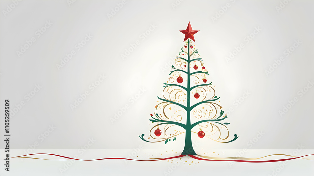 Christmas card design of a tree with a star on top, simple line-drawn tree, soft beige background, and subtle snowflakes Christmas card design of a tree with a star on top, simple line-drawn tree, soft beige background, and subtle snowflakes
