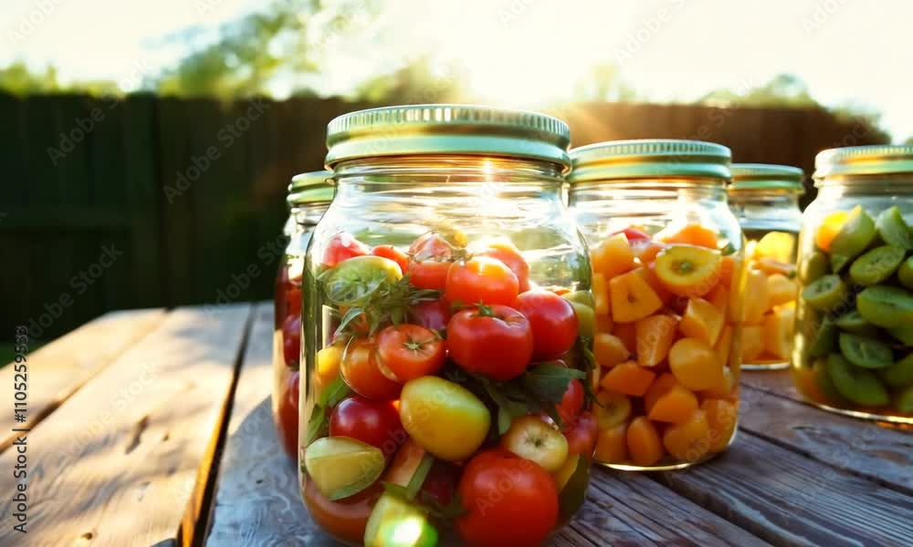 Jars filled with colorful fruits and vegetables on a wooden table, basking in sunlight. Jars filled with colorful fruits and vegetables on a wooden table, basking in sunlight.