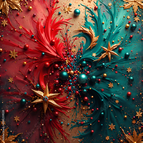 A fusion of color and texture in a festive abstract design with stars and orbs, digital art of abstract art concept. photo