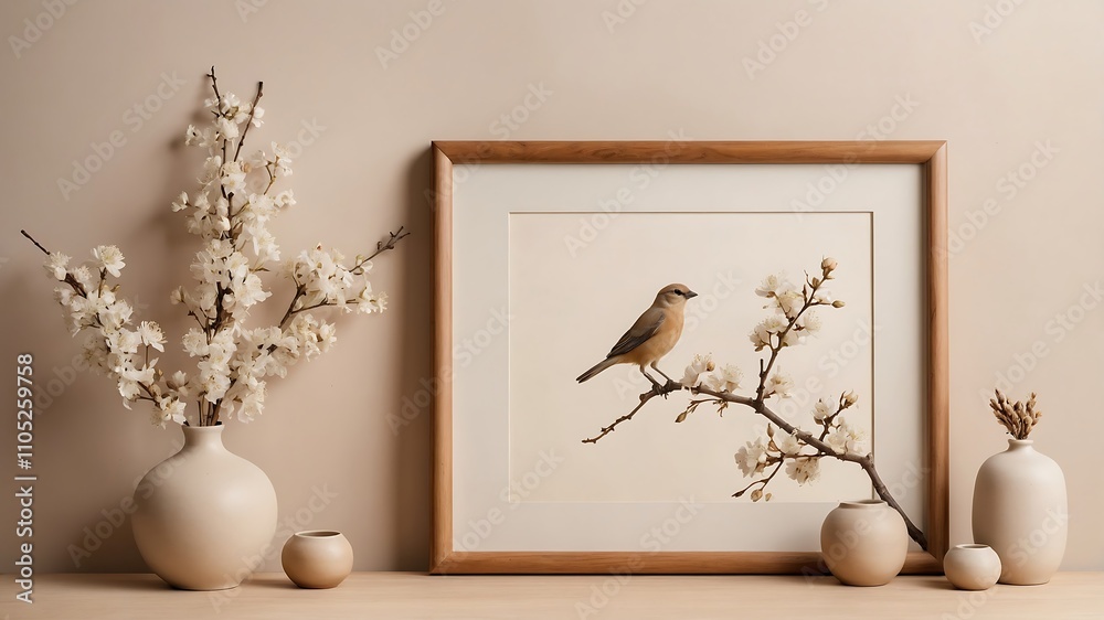Interior poster mockup with horizontal wooden frame in home interior background,3D rendering Interior poster mockup with horizontal wooden frame in home interior background,3D rendering