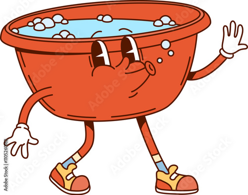 Groovy wash basin cleaning, washing and household cartoon character conveying joy and y2k energy, ready for home tasks. Isolated vector red bowl filled with water and bubbles, embodying retro vibe