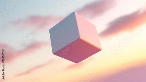 Abstract pastel cube floats in sunset sky.