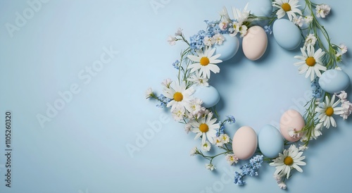 Pastel Easter eggs wreath with daisies and blue flowers on blue background. Horizontal banner for spring decor, holiday celebrations, retail display, seasonal home styling,  space text