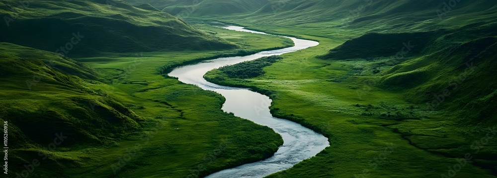 13. A gentle river flowing through a lush green landscape with lots of empty space in the center for text 13. A gentle river flowing through a lush green landscape with lots of empty space in the center for text