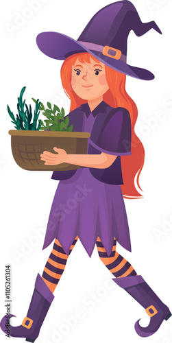 Cartoon witch with herb basket. Magic ritual equipment