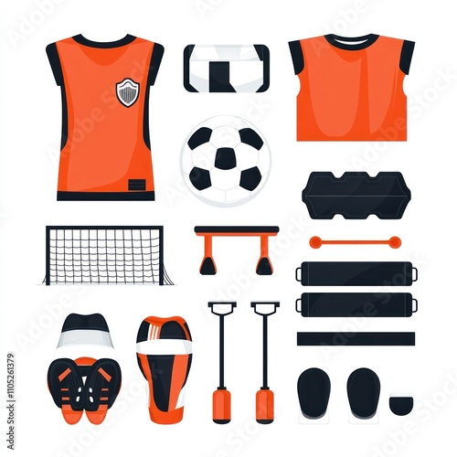 Vibrant Orange Soccer Equipment Illustration:  Soccer Jersey, Ball, Shin Guards, Goal, Training Aids