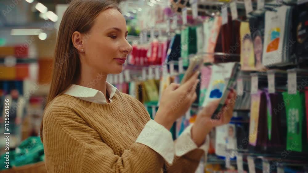 A woman browses through a variety of cosmetic face masks in a beauty store, comparing options on the shelves while checking her phone for reviews and details about each product. A woman browses through a variety of cosmetic face masks in a beauty store, comparing options on the shelves while checking her phone for reviews and details about each product.