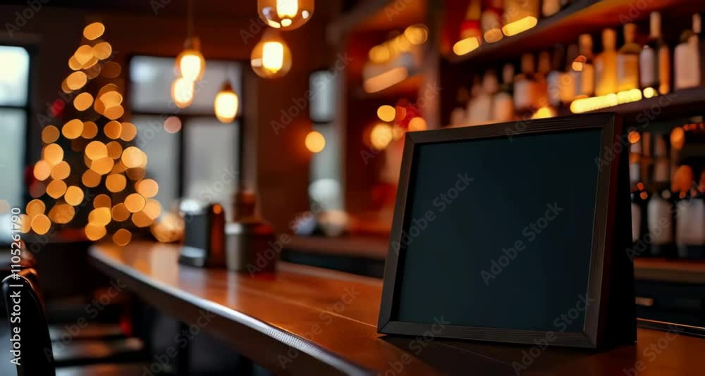 Cozy bar setting with a festive atmosphere and Christmas tree lights at night Cozy bar setting with a festive atmosphere and Christmas tree lights at night