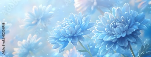 Blue-colored background with blooming chrysanthemums, close-up, blue flowers, blurred background, delicate and soft