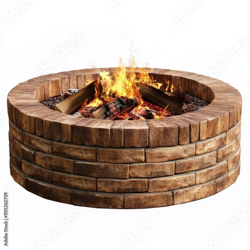 Circular brick fire pit with intense flames and charred wood pieces inside, isolated on white photo