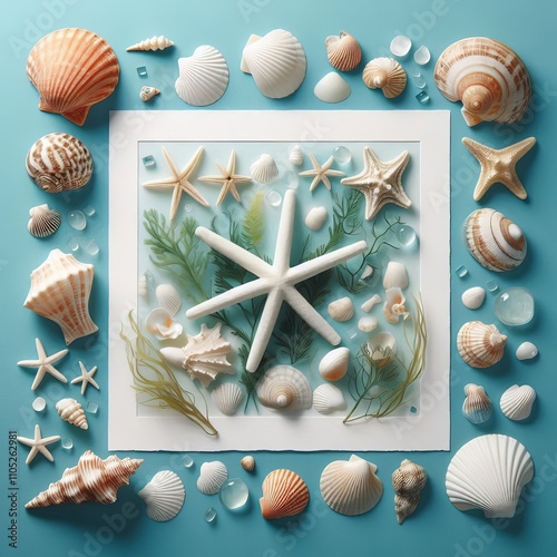 Photogram style with arranged sea shells starfish and seaweed on photo