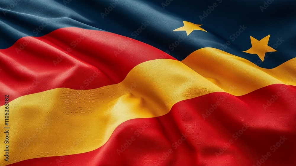 Naklejka premium Flowing Red, Yellow, and Blue Flag With Two Yellow Stars on Navy Background Waving in the Wind